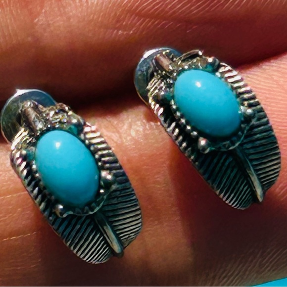 Silver and faux Turquoise Feather Earrings - Picture 4 of 5